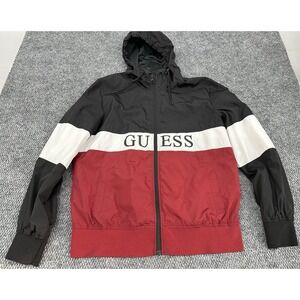 Guess Men's Large Lightweight Hooded Windbreaker Jacket Red White Black